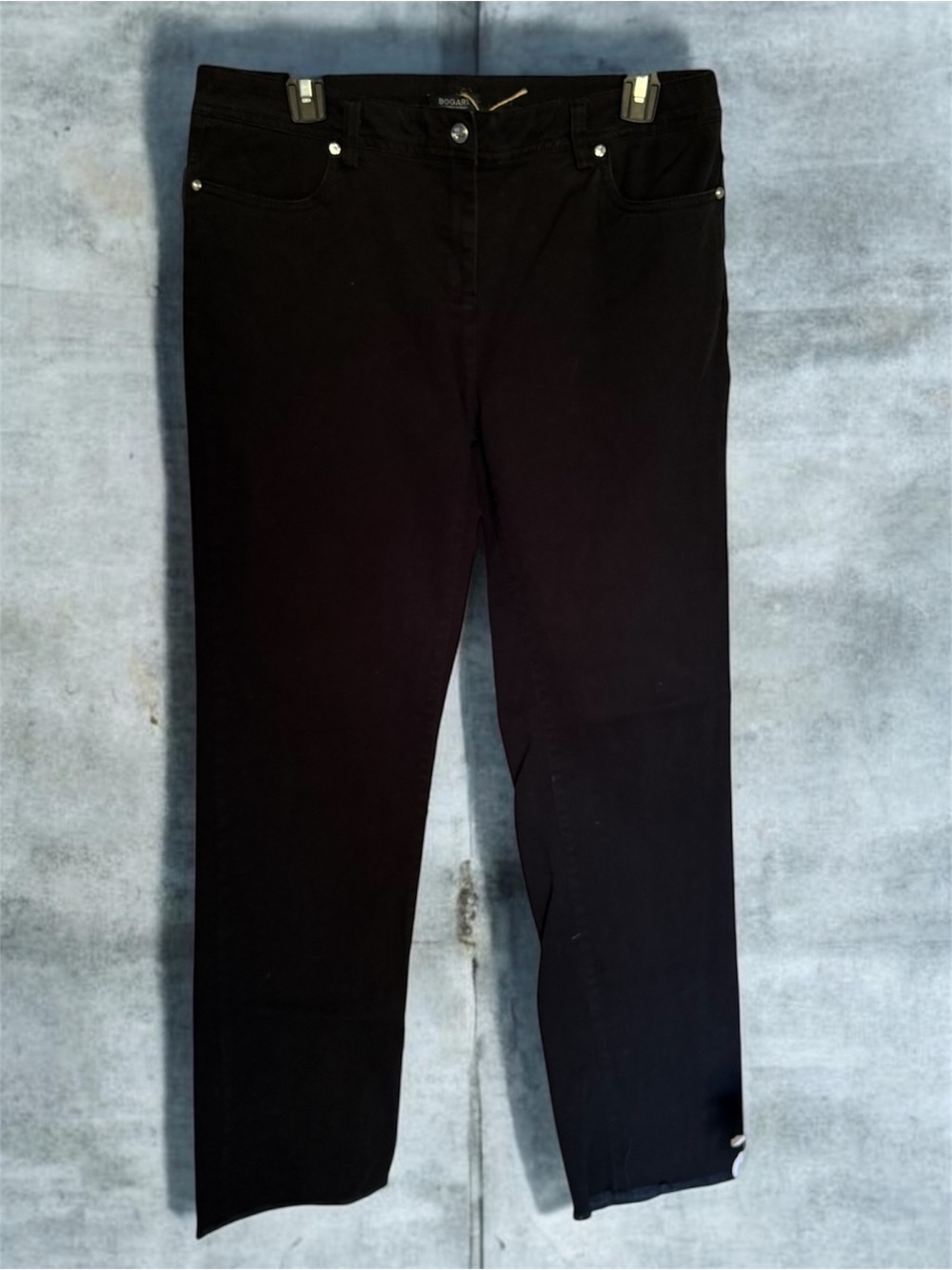 Women's Straight Leg Jeans Black Embroidered Raw Hem Rhinestone details